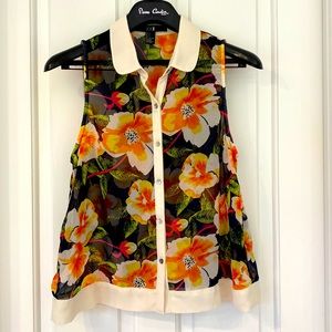 Forever 21 Hawaiian Floral Print Sheer Button Down Sleeveless Collared Blouse